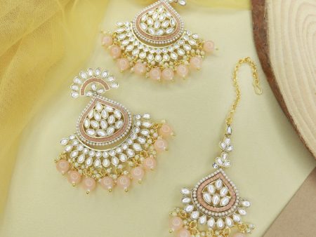 18K Gold Plated Traditional Kundan & Pearl Chandbali Earrings with Maang Tikka Set for Women Girls - Wahe Jewels For Sale