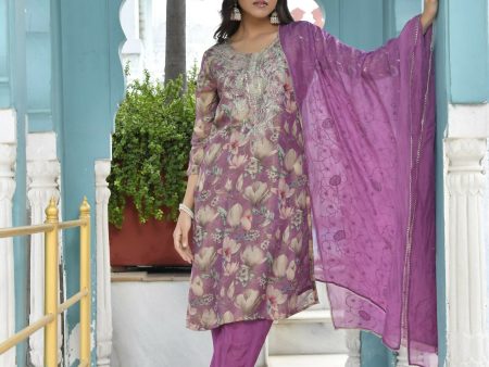 Vaasva Women s Purple Tissue Embroidered Suit Set With Solid Pant And Embroidered Dupatta Supply