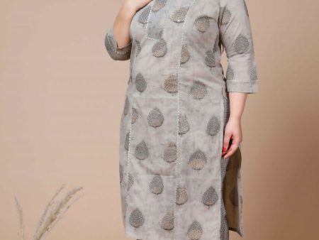 Miravan Women s Plus Size Beige Printed Gota Patti Pure Cotton Kurta With Palazzo For Cheap