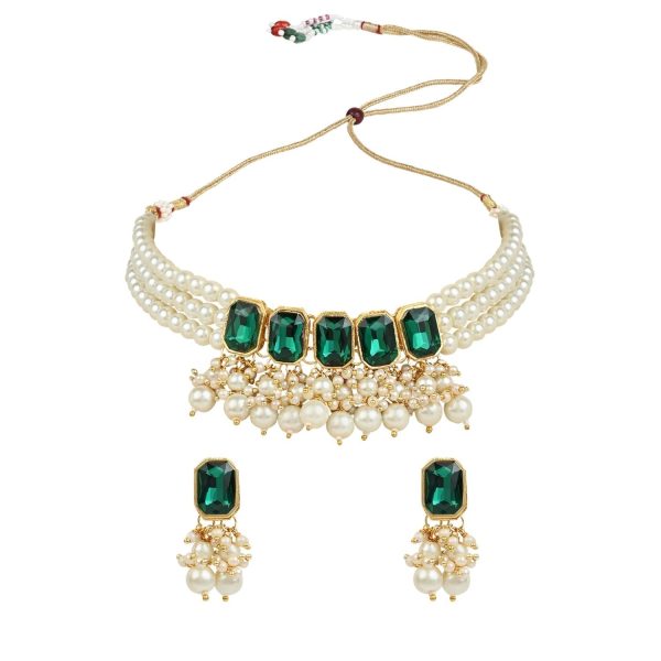 18K Gold Plated Traditional Green Stone Studded Multi Layered White Pearl Choker Necklace Jewellery Set with Earrings for Women And Girls - Wahe Jewels Hot on Sale