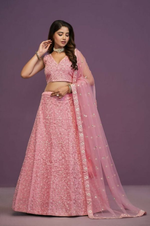 Pink Malai Silk Zari Embroidery Work Lehenga Choli - Jihu Culture Fashion