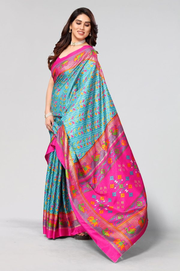 NOZ2TOZ Women Casual Wear Printed Dhola Silk Saree with Un Stitched Blouse - Firozi Online now