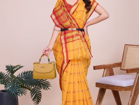 NOZ2TOZ Women Casual Wear Designer Kota Doriya(Semi Cotton) Soft Silk Saree with Un Stitched Blouse - Yellow For Sale