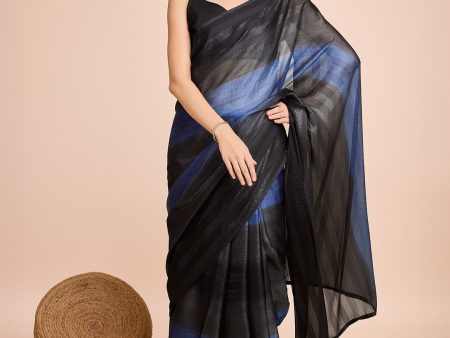 NOZ2TOZ Women Casual Wear Digital Printed Chiffon Silk Saree with Un Stitched Blouse - Blue & Black Cheap