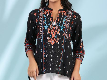 Juniper Women s Black Rayon Ikat Placement Printed High-Low Tunic With Side Slits & Tassels Fashion