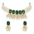 18K Gold Plated Traditional Green Stone Studded Multi Layered White Pearl Choker Necklace Jewellery Set with Earrings for Women And Girls - Wahe Jewels Hot on Sale