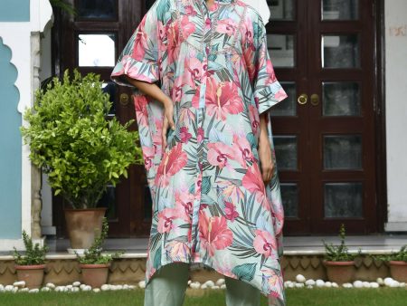 Vaasva Women s Aqua Musline Viscose Digital Printed Kaftan Pant Set For Sale