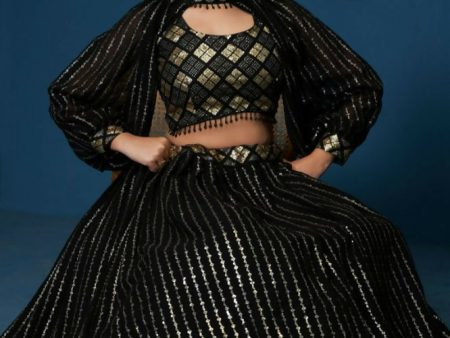 Black Sequence Work Georgette Crop Top Type Full Sleeve Lehenga Choli - Jihu Culture Online Sale