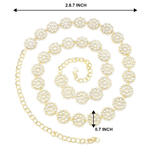 18K Gold Plated Traditional Ethnic Floral Design Kundan Studded Adjustable Pearl Kamarband Belly Chain Kandora Wait Belt For Women - Wahe Jewels Hot on Sale