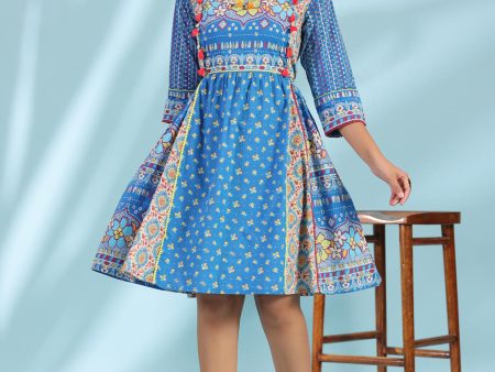 Juniper Women s Blue Floral Printed Pure Cotton Dress With Beads & sequins Work Online