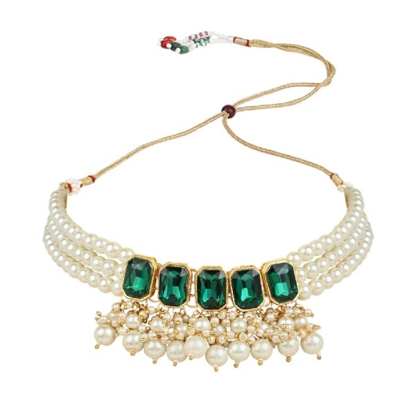 18K Gold Plated Traditional Green Stone Studded Multi Layered White Pearl Choker Necklace Jewellery Set with Earrings for Women And Girls - Wahe Jewels Hot on Sale