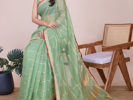 NOZ2TOZ Women Casual Wear Designer Kota Doriya(Semi Cotton) Soft Silk Saree with Un Stitched Blouse - Pista Green on Sale