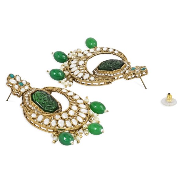 Gold Plate Traditional Pearl Hanging Kundan Stone Chandbali Earring With Maang Tikka For Women Girls - Wahe Jewels Online now