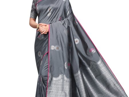 Vamika Weaving Banarasi Jacquard Grey Kanjivaram Saree Hot on Sale