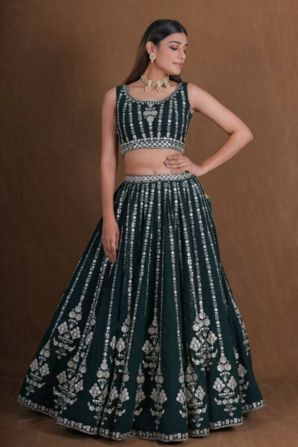 Bottlegreen Georgette Zari,Sequence Thread Embroidery Work Lehenga Choli - Jihu Culture Online Sale