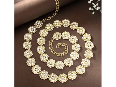 18K Gold Plated Traditional Ethnic Floral Design Kundan Studded Adjustable Pearl Kamarband Belly Chain Kandora Wait Belt For Women - Wahe Jewels Hot on Sale