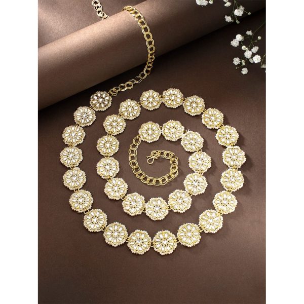 18K Gold Plated Traditional Ethnic Floral Design Kundan Studded Adjustable Pearl Kamarband Belly Chain Kandora Wait Belt For Women - Wahe Jewels Hot on Sale