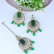 Gold Plate Traditional Pearl Hanging Kundan Stone Chandbali Earring With Maang Tikka For Women Girls - Wahe Jewels Online now