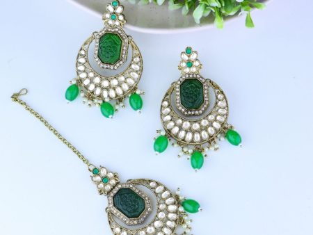 Gold Plate Traditional Pearl Hanging Kundan Stone Chandbali Earring With Maang Tikka For Women Girls - Wahe Jewels Online now