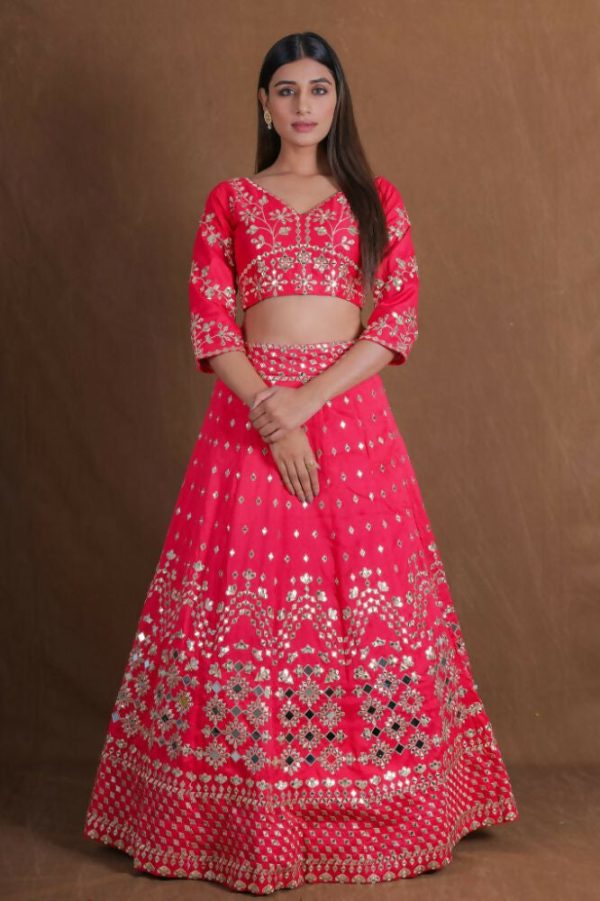 Pink Embroidery With Real Mirror Work Fantum Silk Fabric Lehenga Choli - Jihu Culture Discount