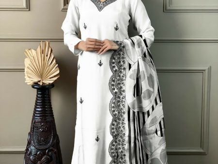 White Viscose chanderi Stitched Suit With Dupatta - Tanisha Online now