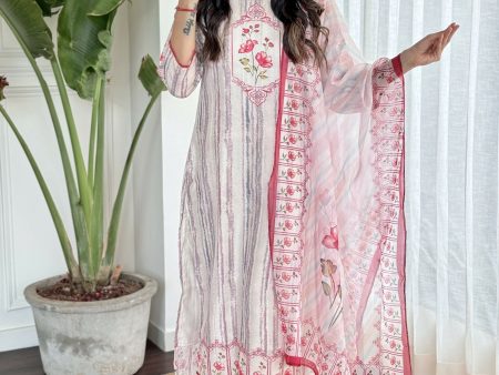 White Multi Viscose Chanderi Stitched Suit With Dupatta - Tanisha Discount