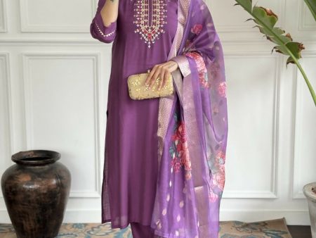 Purple Viscose chanderi Stitched Suit With Dupatta - Tanisha Fashion