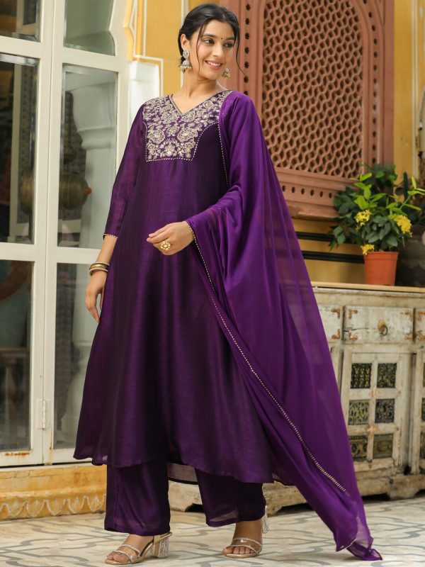 Janasya Purple Silk Blend Yoke Embroidery Kurta,Bottom & Dupatta For Sale