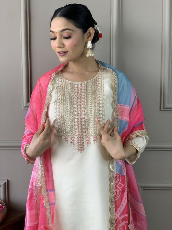 White Viscose Chanderi Stitched Suit With Dupatta - Tanisha Online now