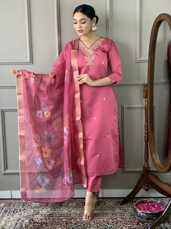 Light Pink Viscose chanderi Stitched Suit With Dupatta - Tanisha on Sale