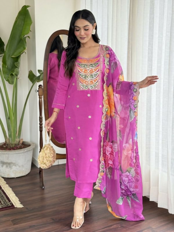 Light purple Viscose Chanderi Stitched Suit With Dupatta - Tanisha Cheap