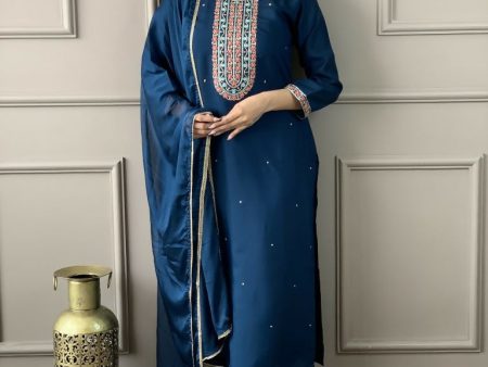 Blue Viscose Chanderi Stitched Suit With Dupatta - Tanisha For Sale