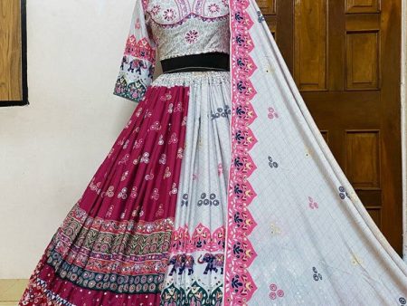 Malishka Butter Silk With Mirror Work Navratri Special Lehenga Choli Set - White-Marun For Cheap